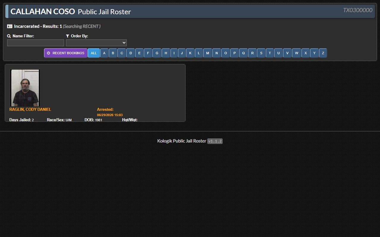 Kologik Public Jail Roster search interface for Callahan County booking photos