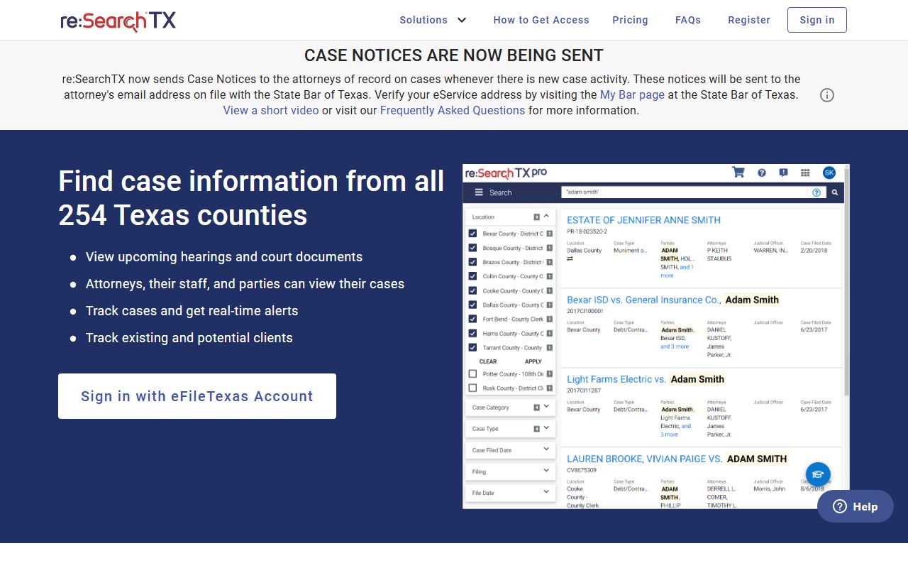 re:SearchTX statewide court search portal for Texas court records